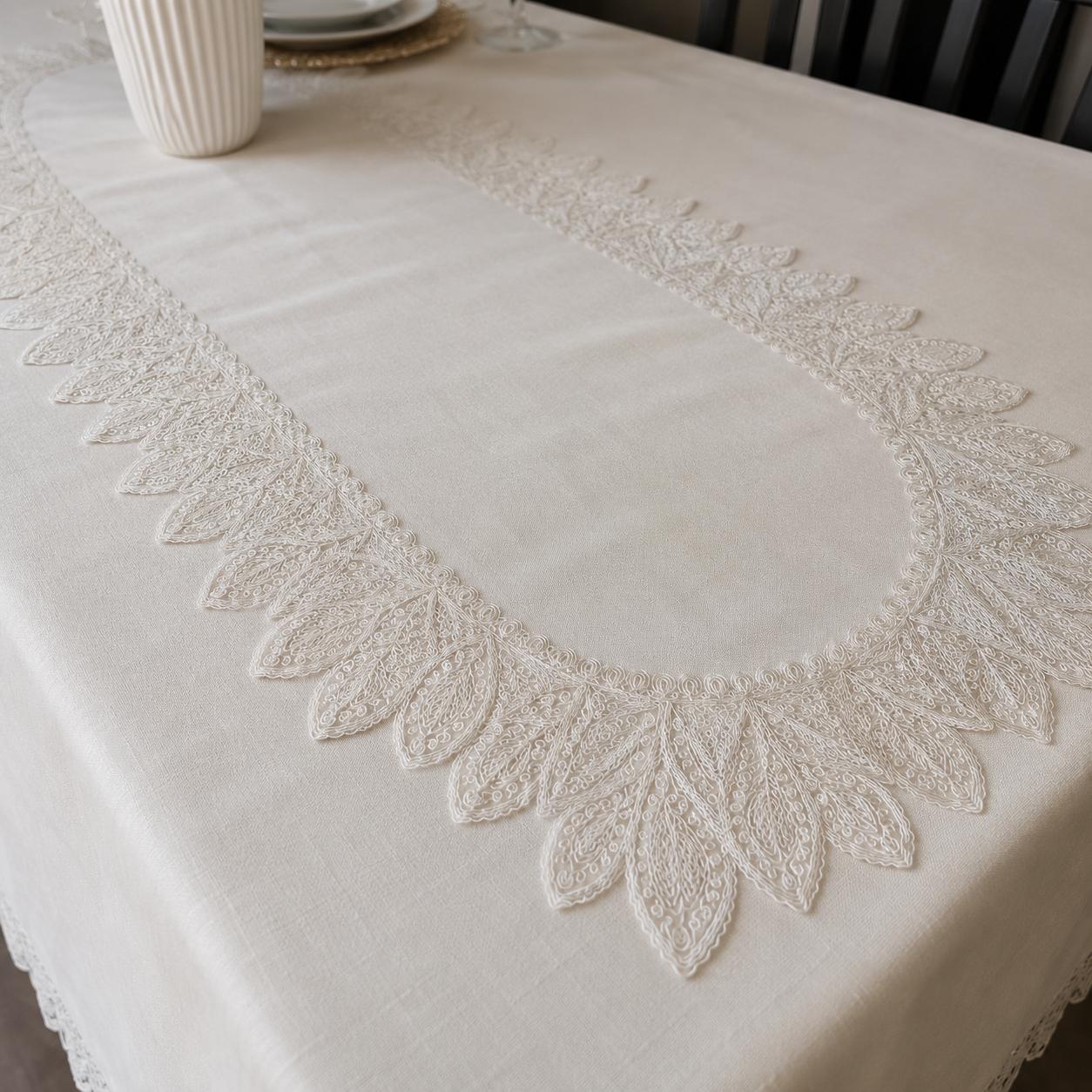 Close-up of the Empire Lumina off-white 100% Turkish linen table runner with intricate embroidered lace, showcasing premium craftsmanship and elegant design.