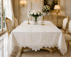 Empire Lumina luxury off-white Turkish linen tablecloth with embroidered lace runner, part of the 26-piece dining collection
