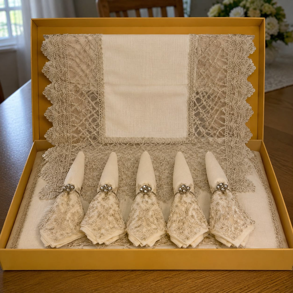  Luxury  Turkish linen round tablecloth 18-piece set presented in an elegant gift box with matching runner, napkins and napkin rings by Empire Lumina.