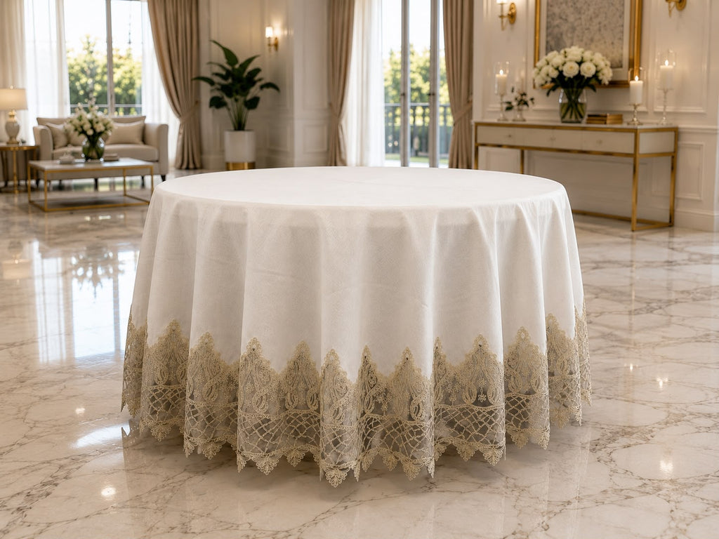 Luxury Turkish linen round tablecloth by Empire Lumina with elegant gold lace embroidery and full-length drape.