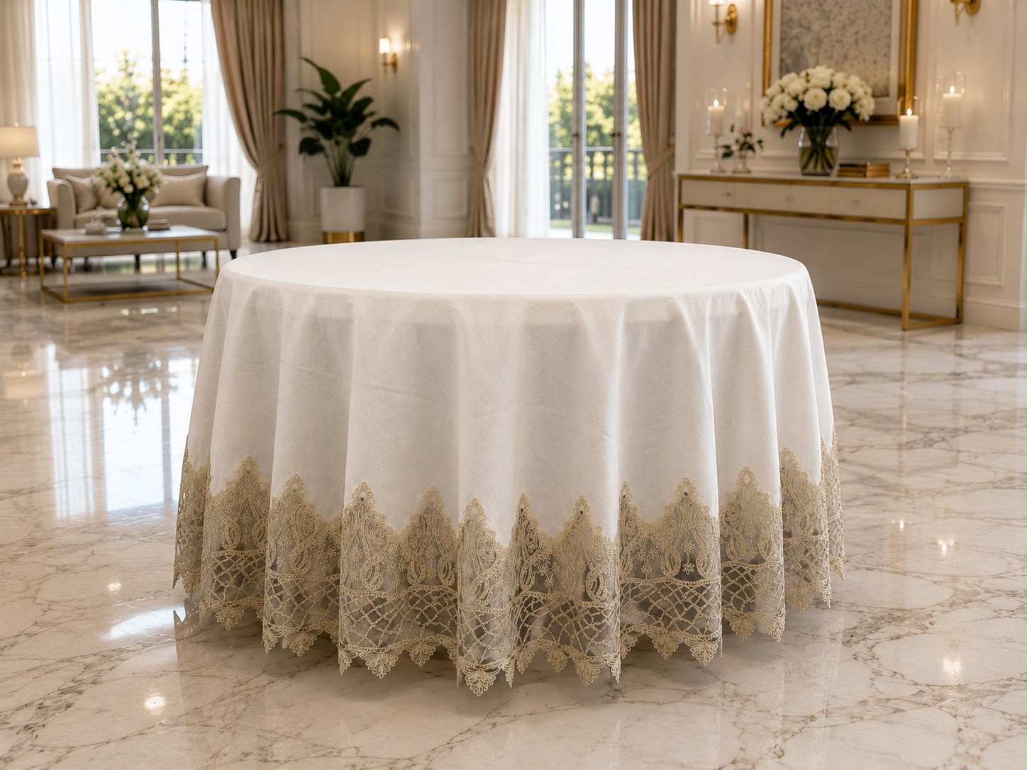 Luxury Turkish linen round tablecloth by Empire Lumina with elegant gold lace embroidery and full-length drape.