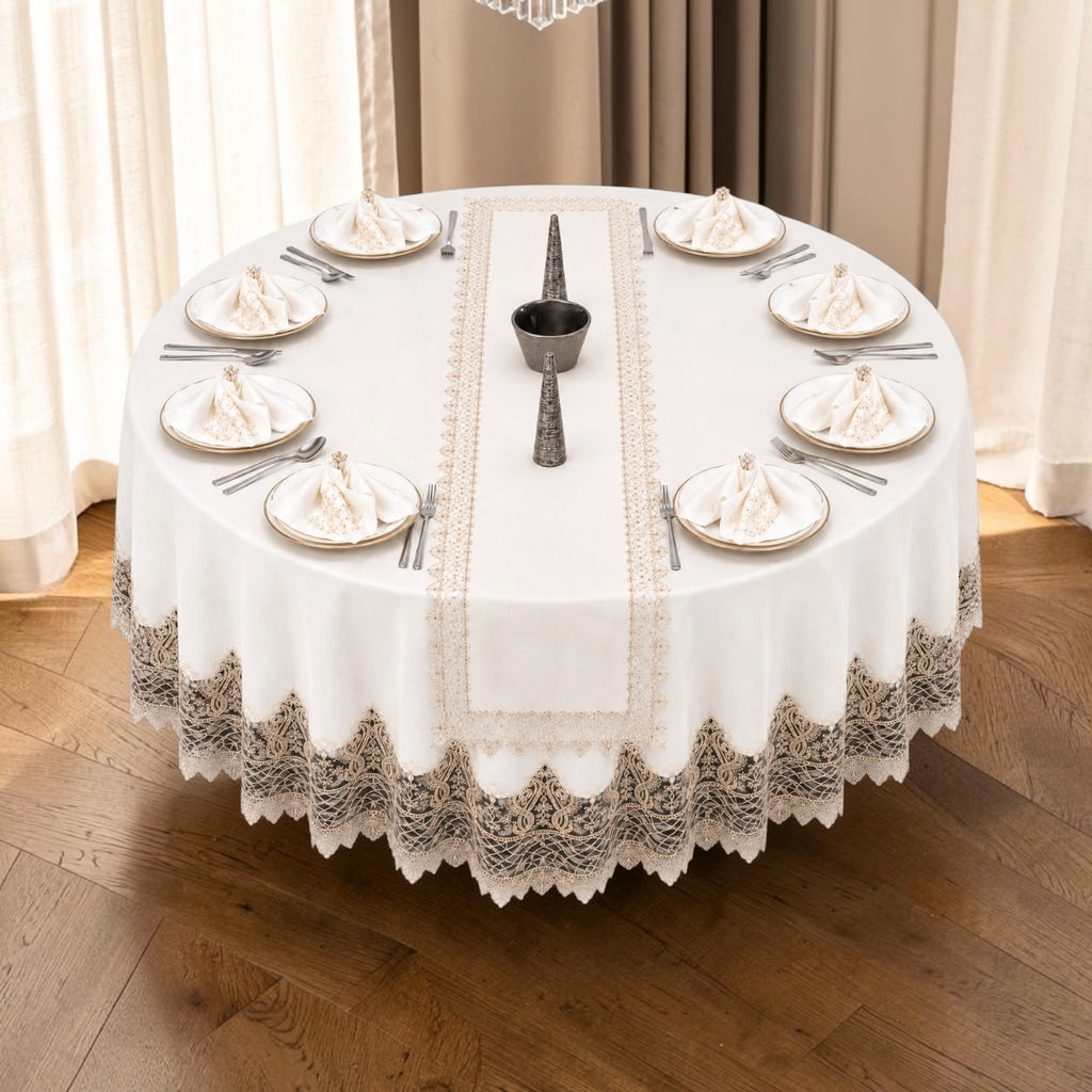 Luxury Turkish linen round tablecloth set with gold lace embroidery, matching runner and eight elegant place settings by Empire Lumina.