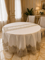 Luxury Turkish linen round tablecloth with elegant gold lace embroidery and matching table runner by Empire Lumina.