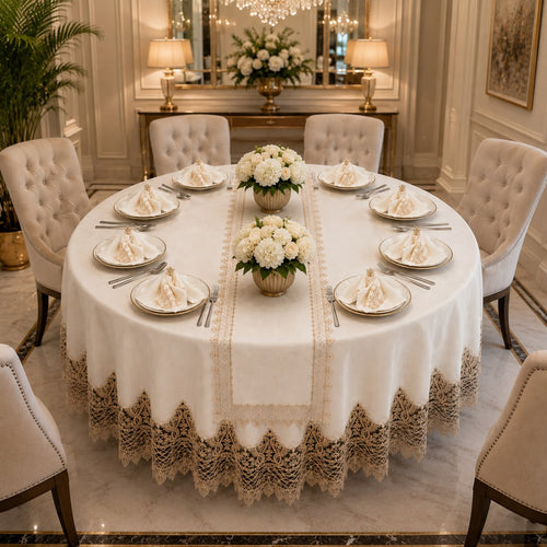 Luxury Turkish linen round tablecloth set with elegant gold lace embroidery, matching table runner, napkins and napkin rings by Empire Lumina.