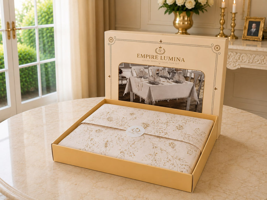 Empire Lumina luxury 26-piece Turkish linen tablecloth set presented in its premium gift box with elegant floral tissue paper packaging.
