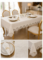 Luxury stain-resistant Turkish linen tablecloth set in off-white featuring a lifestyle dining table with detailed close-up views of the embroidered border, premium fabric, and matching embroidered napkin.