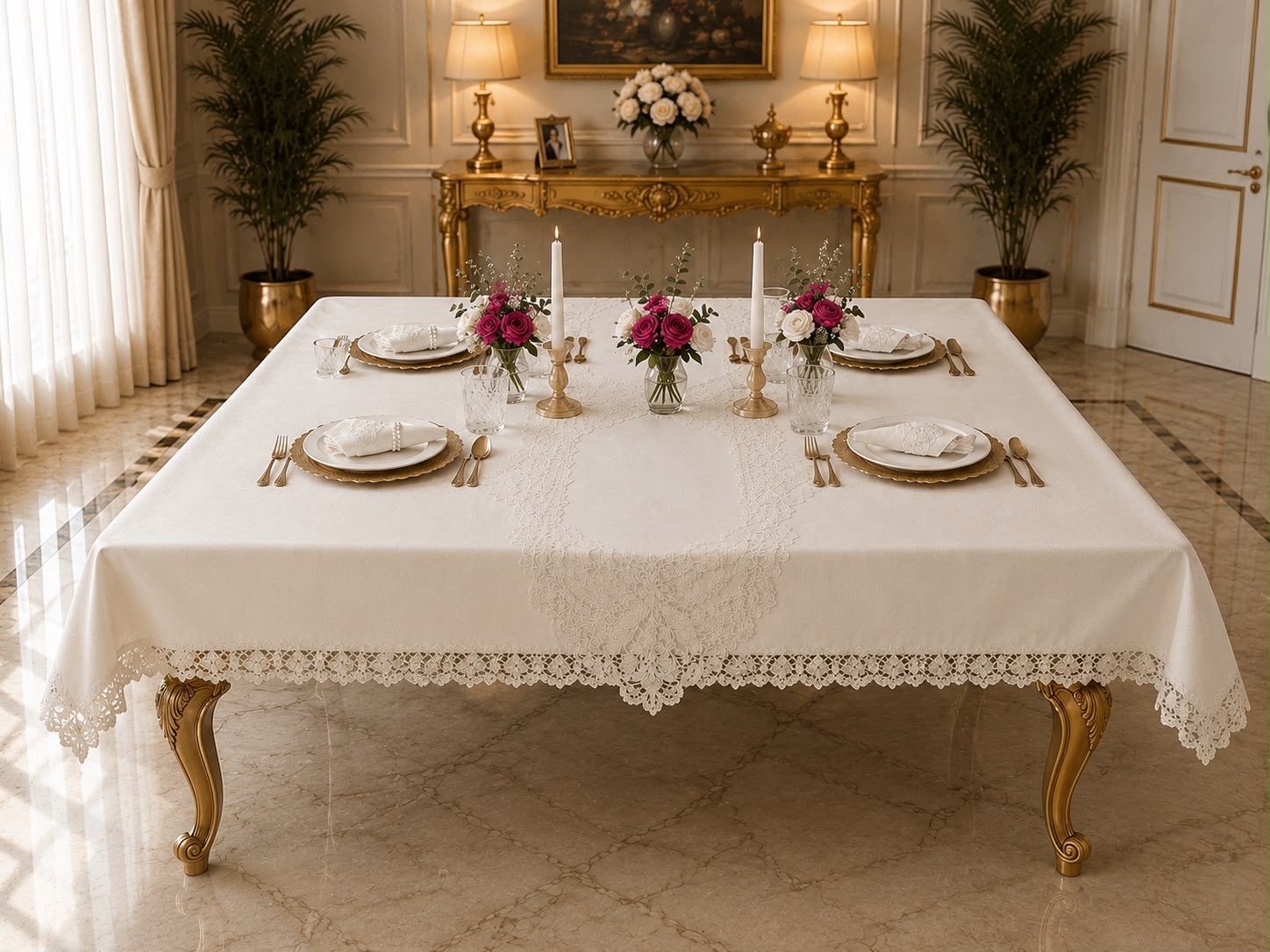 Luxury off-white stain-resistant Turkish linen tablecloth set styled on a gold dining table with marble flooring, white dinnerware, floral centerpieces, and elegant place settings.