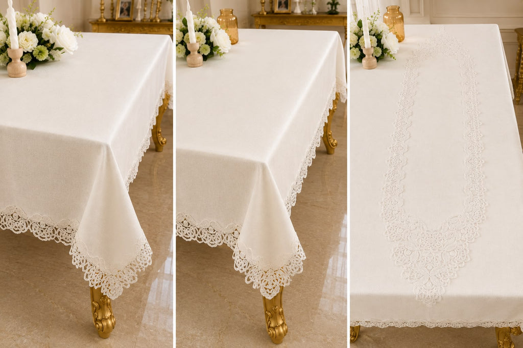 Close-up views of the Empire Lumina off-white 100% Turkish linen tablecloth highlighting the embroidered lace border and center runner design.