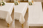 Close-up views of the Empire Lumina off-white 100% Turkish linen tablecloth highlighting the embroidered lace border and center runner design.
